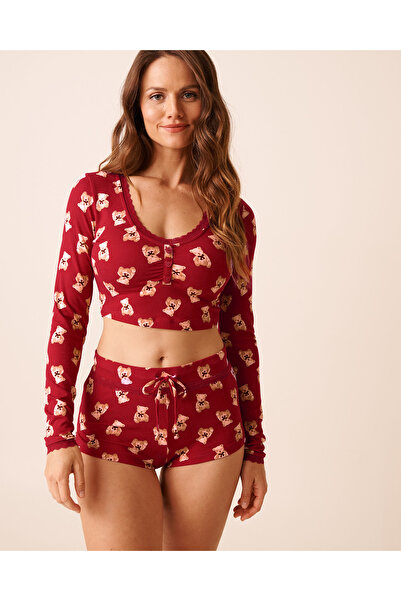 La Vie en Rose بلوزة قصيرة ناعمة للغاية بأكمام طويلة وطبعة دب تيدي