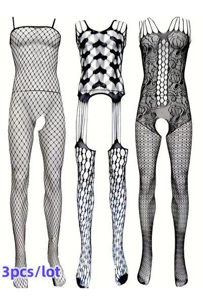 MODAMYY 3 adet Erkek Içi Boş Seksi Bodysuit Siyah Jakarlı Örgü Bodysuit