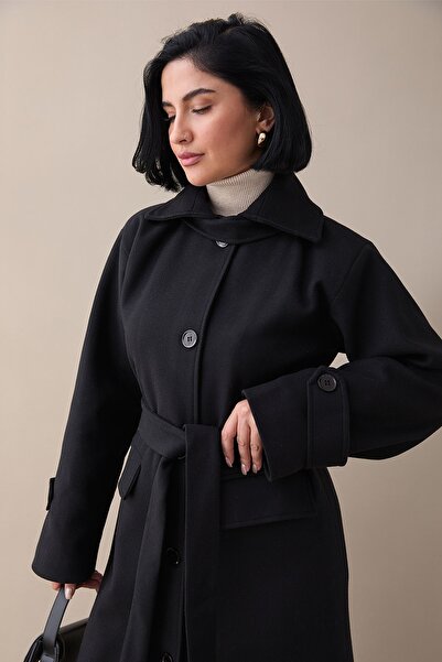 InStyle Черно вълнено палто с реверен яка и джобове с клапи
