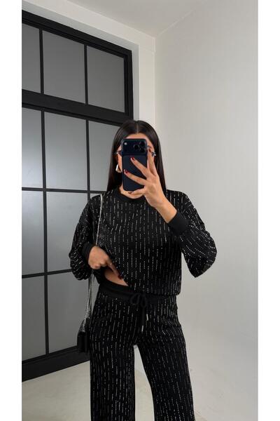 Gaus Siyah Kazak Beli Lastikli Pantolon Taş Detaylı Tasarım İkili Modal Takım...