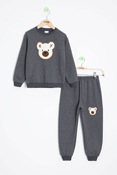 Cansın Mini Smoked Teddy Bear Embroidered Fleece-Lined Boys' Set 23338