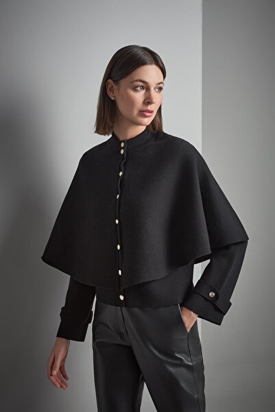JOIN US Black Knitwear Jacket with Cape Detail and Gold Buttons