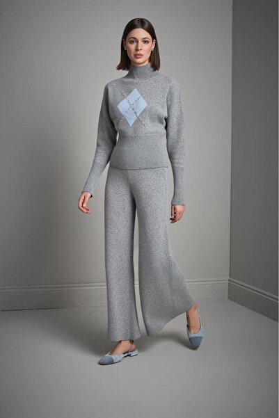 JOIN US Mock Neck Gray Knit Sweater with Diamond Pattern