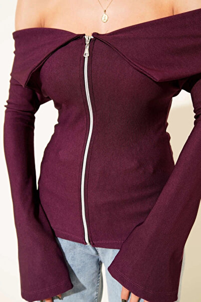 PETITE Μπλούζα με φερμουάρ με ανοιχτό ώμο Plum T4330