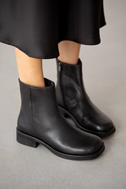 selin shoes Cevrin Genuine Leather Side Zipper Blunt Toe Women's Boots - Black