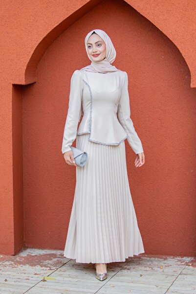 Tesettür Çarşım Queny Asil Bluz Etek Abiye Takım-Bej
