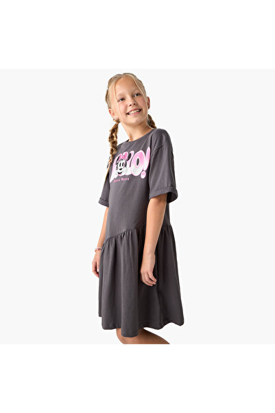 Disney Minnie Mouse Print Dress with Round Neck and Short Sleeves