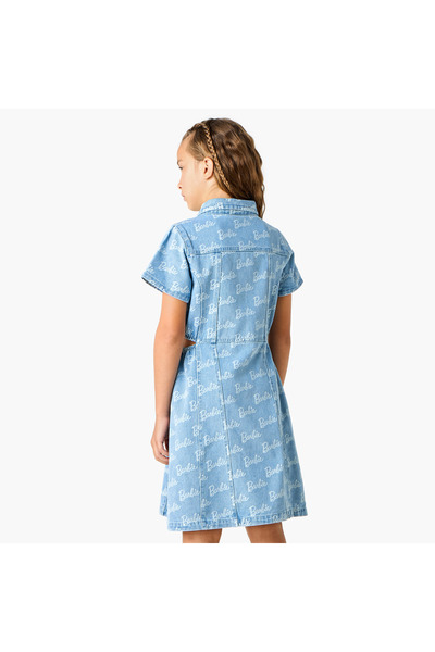 mattel Barbie Print Shirt Dress with Button Closure and Pockets