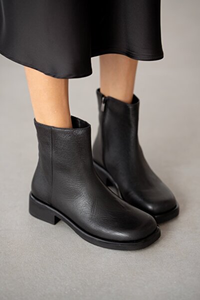 selin shoes Cevrin Genuine Leather Side Zipper Blunt Toe Women's Boots - Black Floter