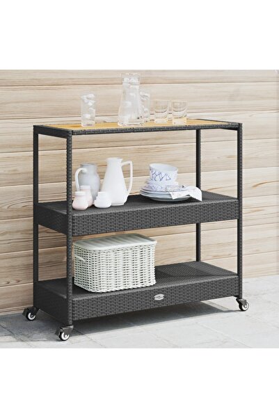 vidaxl Bar Cart 3-Tier Black Poly Rattan and Solid Wood Acacia