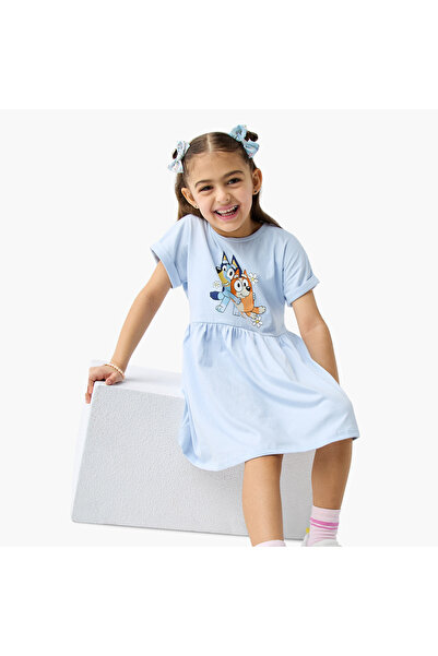 Disney Bluey and Bingo Print A-line Dress with Round Neck and Short Sleeves