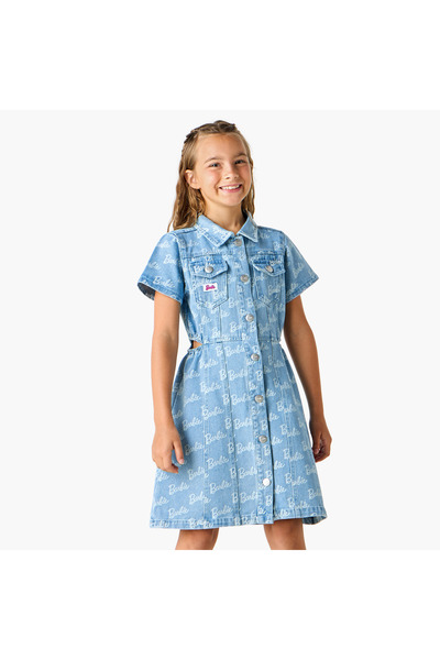 mattel Barbie Print Shirt Dress with Button Closure and Pockets