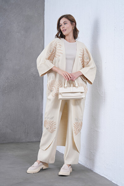 Miss Allos Women's Beaded Wide-Fit Knitwear Cardigan and Pants Bottom-Top Set