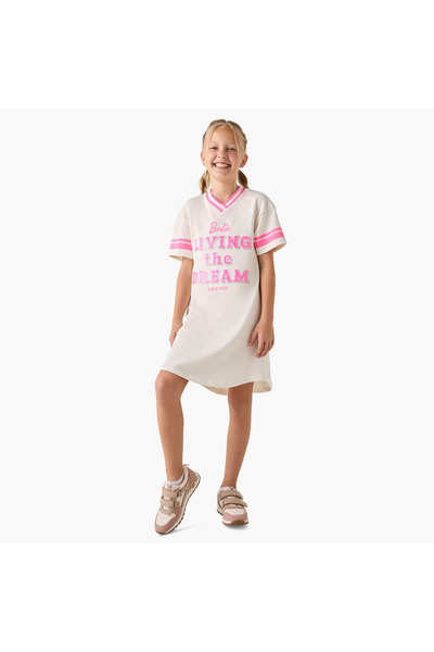 mattel Barbie Logo Print V-neck T-shirt Dress with Short Sleeves