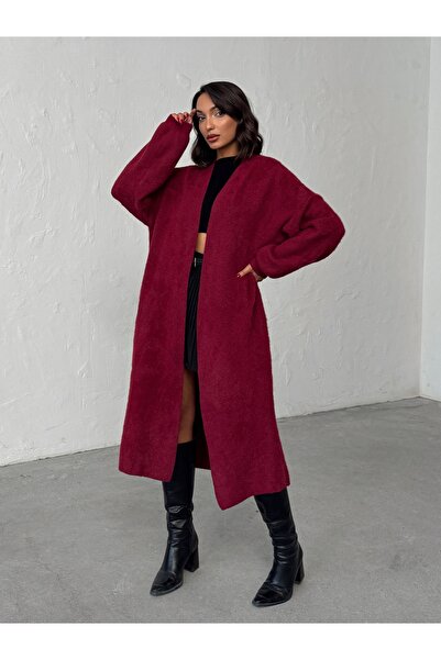 BEJNA Women's Burgundy Soft Textured Midi Knit Cardigan