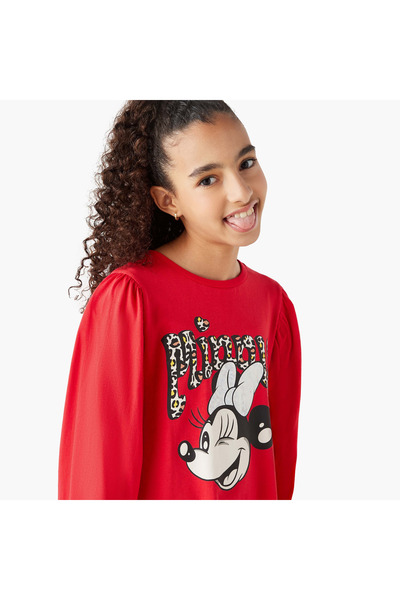 Disney Minnie Mouse Print T-shirt Dress with Round Neck and Long Sleeves