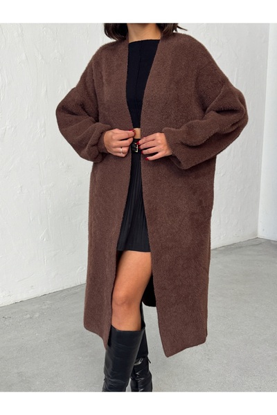 BEJNA Women's Brown Soft Textured Midi Knit Cardigan