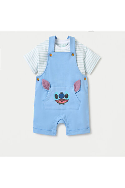 Disney Stitch Print Dungaree and Striped T-shirt Set