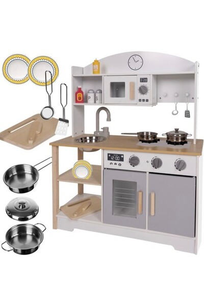 zola Wooden toy kitchen, made of wood, accessories included, white with cream, 85 x 68 x 25 cm