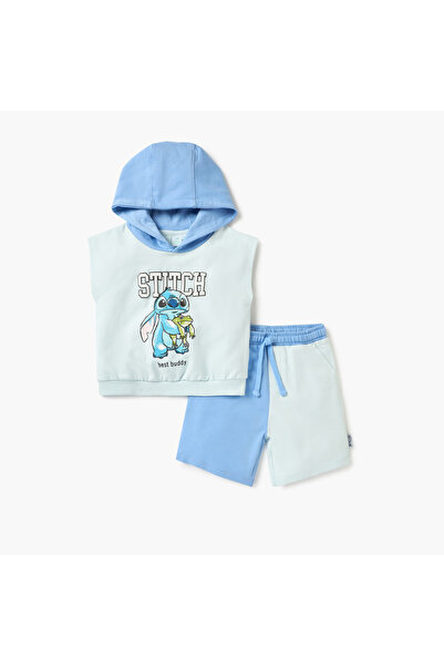 Disney Stitch Print Hooded Sleeveless T-shirt and Shorts Set