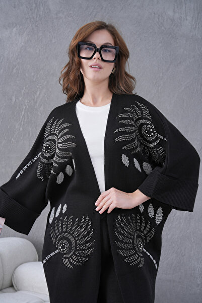 Miss Allos Women's Beaded Wide-Fit Knitwear Cardigan and Pants Bottom-Top Set