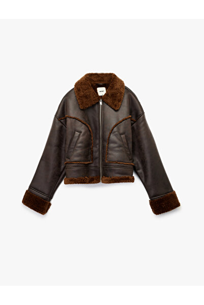 Koton Дългоръкавна, с джобове, цип, плюшена яка, изкуствена кожа, къса мотоциклетна яке