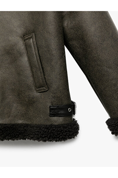 Koton Plush Detailed Shirt Collar Long Sleeve Oversized Biker Jacket