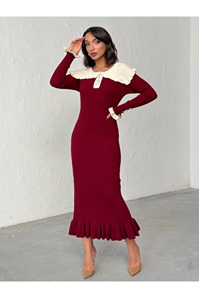 BEJNA Women's Burgundy Peter Pan collar Pearl Buttoned Flounced Long Knitwear Dress