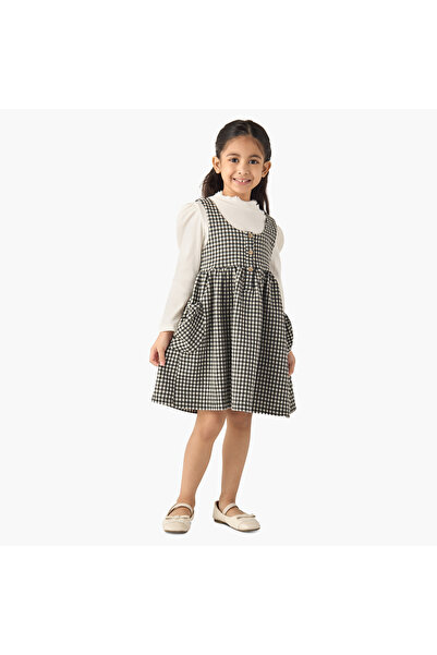 Lee Cooper Solid Long Sleeves T-shirt and Checked Pinafore Set