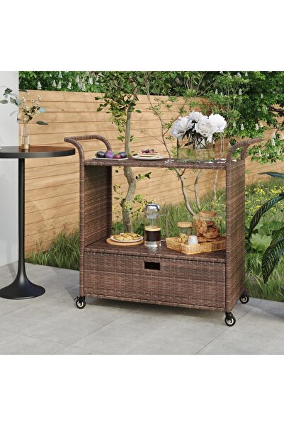 vidaxl Bar Cart with Drawer Brown 100x45x97 cm Poly Rattan