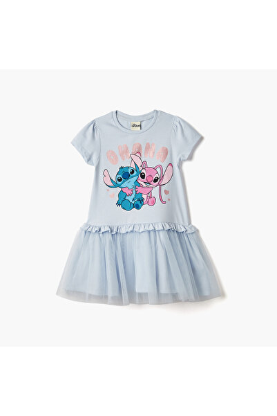 Disney Stitch and Angel Print Tulle Dress with Short Sleeves