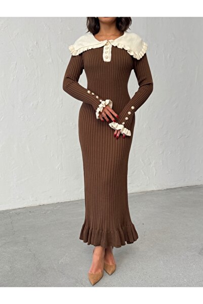 BEJNA Γυναικείο Καφέ Φόρεμα Πλεκτό Μακρύ Φόρεμα με στρογγυλός γιακάς Πέρλες Κουμπιά
