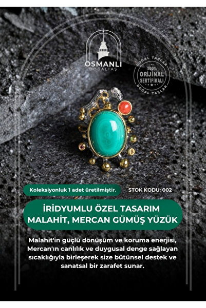 OSMANLI DOĞAL TAŞ Sertifikalı İridyumlu Malahit, Mercan Özel Tasarım Gümüş Yü...