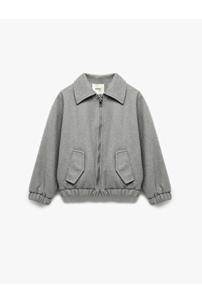 Koton Shirt Collar Long Sleeve Pocket Zipper Crop Jacket