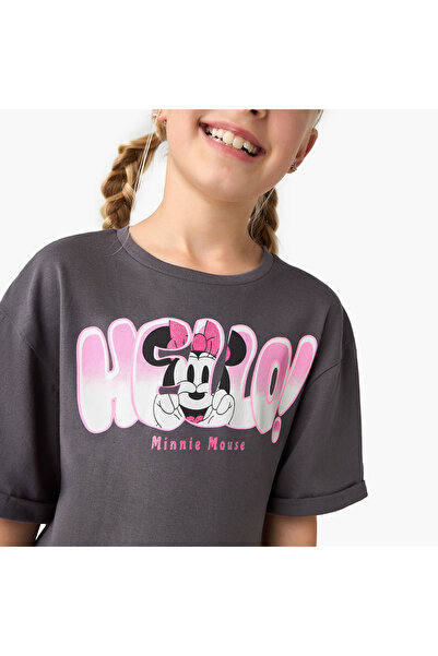 Disney Minnie Mouse Print Dress with Round Neck and Short Sleeves