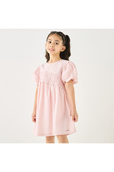 Lee Cooper Striped A-Line Dress with Smocked Detail and Puff Sleeves
