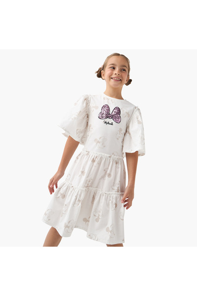 mattel All-Over Minnie Mouse Print Tiered Dress with Flared Sleeves