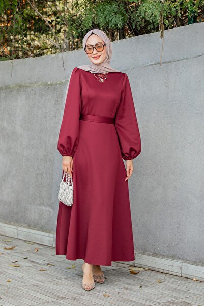 Tesettür Çarşım Luvi Pufy Dalgıç Balon Kollu Elbise-Kırmızı