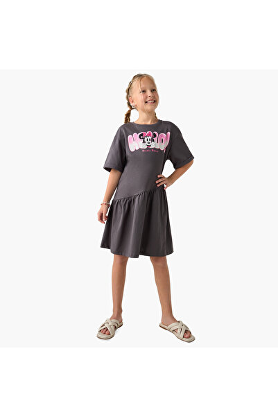 Disney Minnie Mouse Print Dress with Round Neck and Short Sleeves