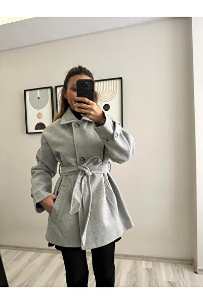 TB Butik Lined - Waist-Tied - Double Pocket Short Cashmere Coat