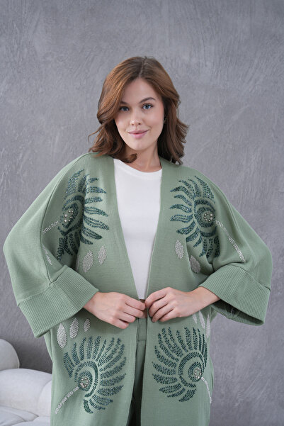 Miss Allos Women's Beaded Wide-Fit Knitwear Cardigan and Pants Bottom-Top Set