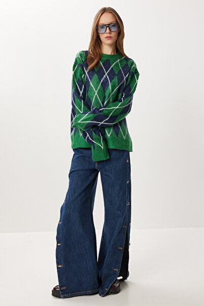 Lovelyİstanbul Baklava Patterned Oversized Knitwear Sweater Lfn0123 Green Navy Blue