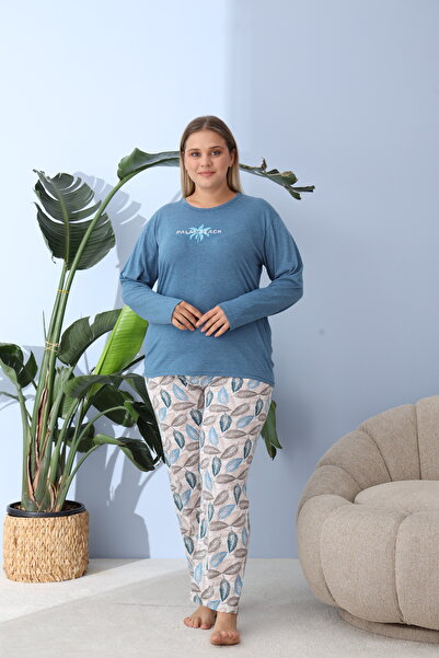 Serena Women's big size blue pajamas, Palm Beach print, 100% cotton