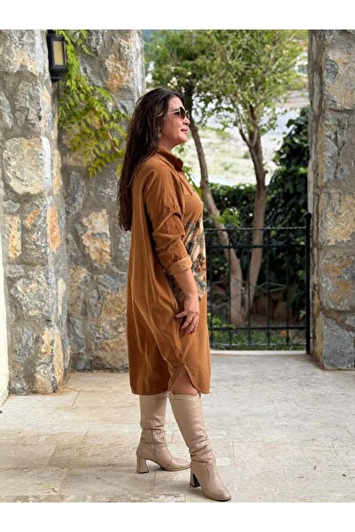 Punta Otantik YG11410 Φόρεμα με πέτο ανδρικό πουκάμισο από ιταλικό βελούδο λουλουδάτο με τύπωμα Camel