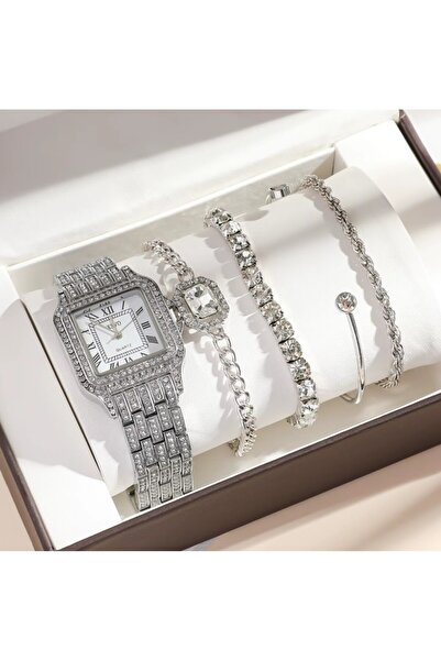REDz Accessories Set of Watch and 4 Elegant Bracelets, Glamour Model, Zircon Crystals, Women, Metal, Silver