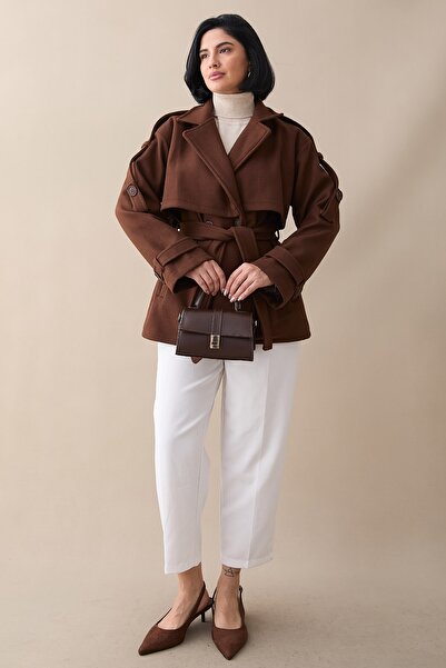 InStyle Κοντό παλτό με μανίκια και καφέ χρώμα