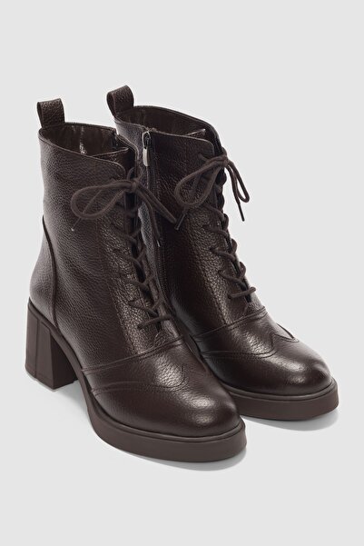 selin shoes Solenne Hakiki Deri Bağcıklı ve Yandan Fermuarlı Kadın Bot- KAHVERENGİ