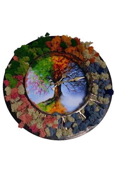 OEM Wall clock decorated with stabilized moss - Tree of Life in four seasons, Two purple threads