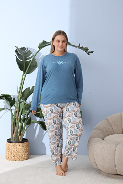 Serena Women's big size blue pajamas, Palm Beach print, 100% cotton