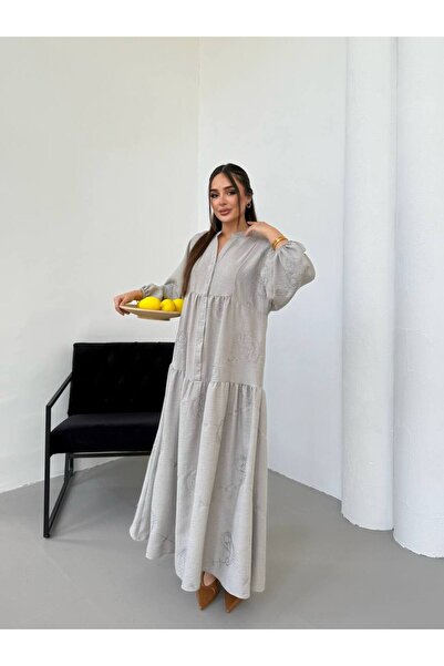 PREMİER VİE Tesettür Linen Fabric V-Neck Dress